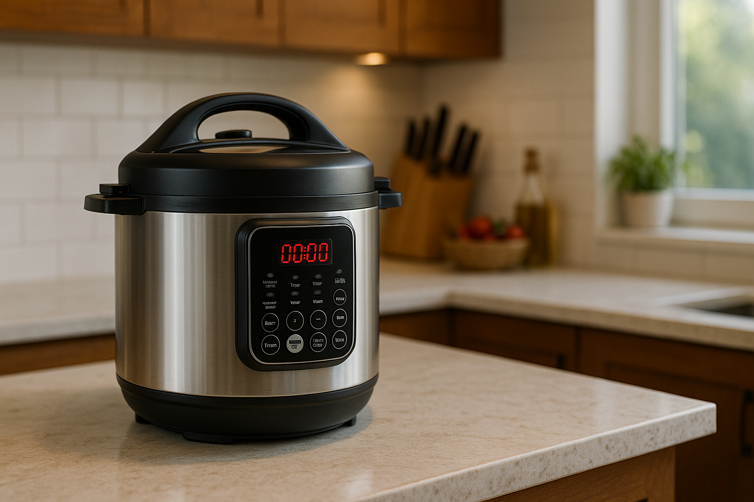 “Panela de pressão elétrica na bancada da cozinha com visor digital”