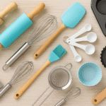 Utensílios de confeitaria organizados sobre bancada de cozinha