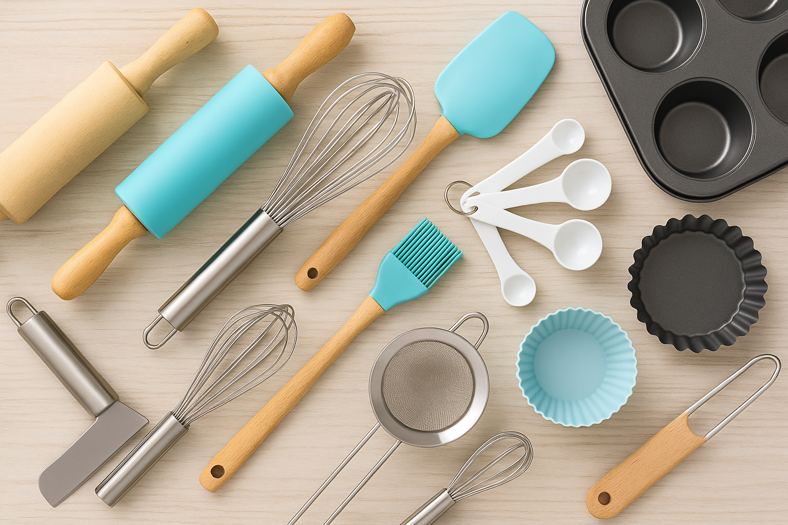 Utensílios de confeitaria organizados sobre bancada de cozinha